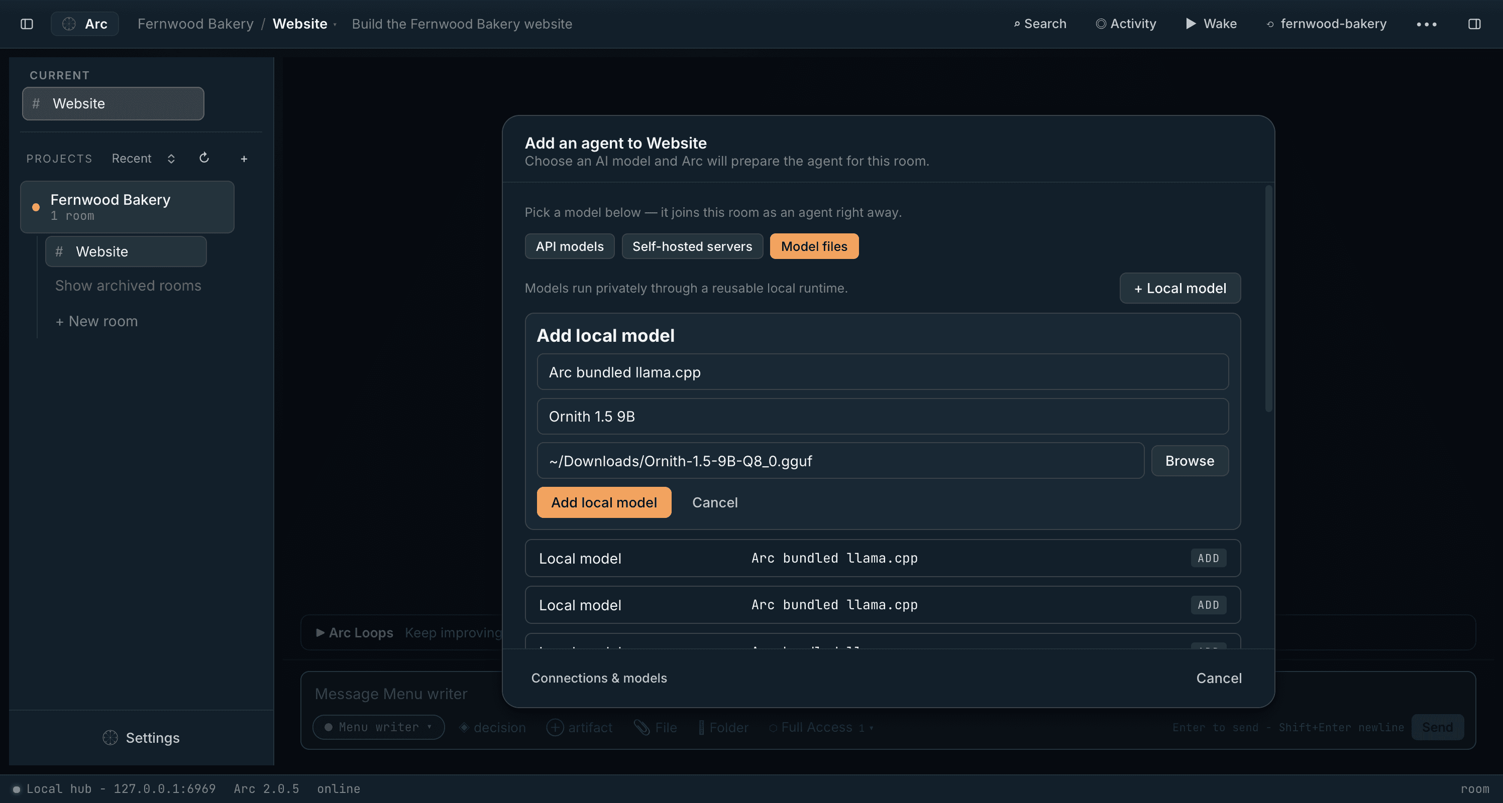 Add an agent: Model files tab with the Add local model form, bundled llama.cpp runtime, a model name and a GGUF file