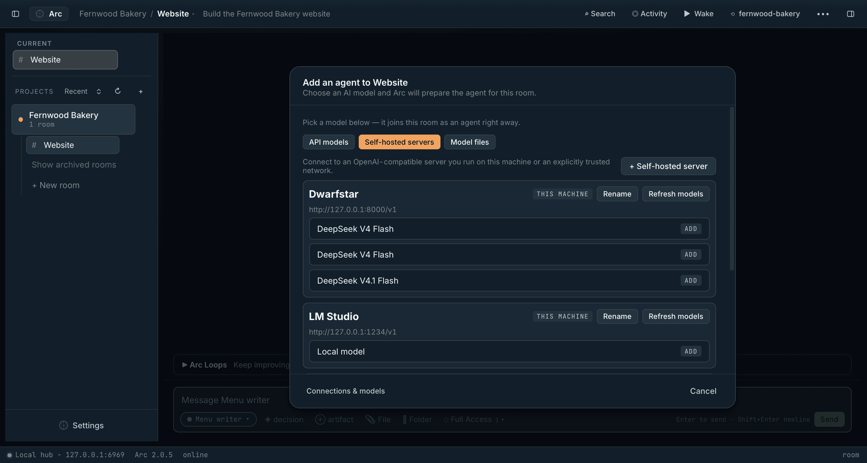 Add an agent: Self-hosted servers tab listing OpenAI-compatible servers on this machine, including LM Studio
