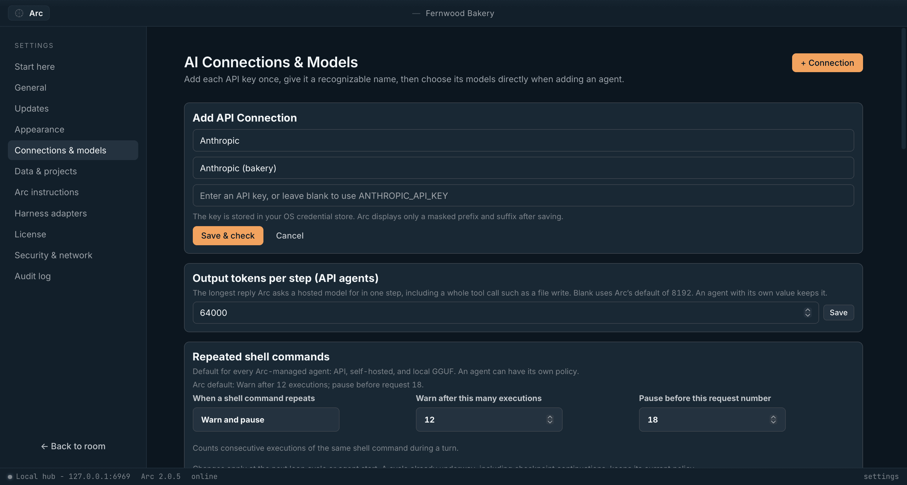 Adding an API connection: pick a provider, name the connection, paste the key; Arc keeps it in the OS credential store