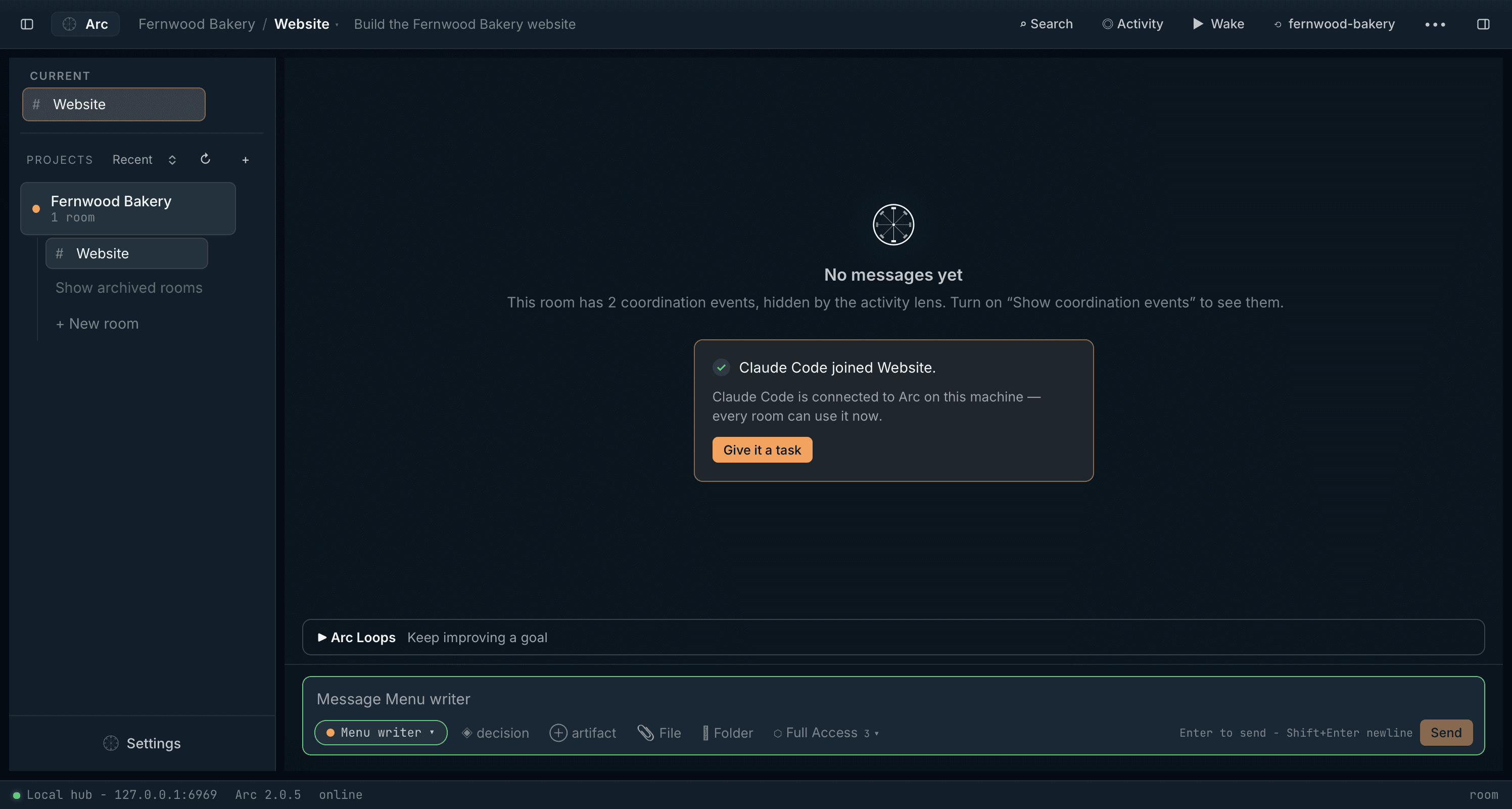 Claude Code joined Website: the connect flow confirms the arrival and offers to give it a task