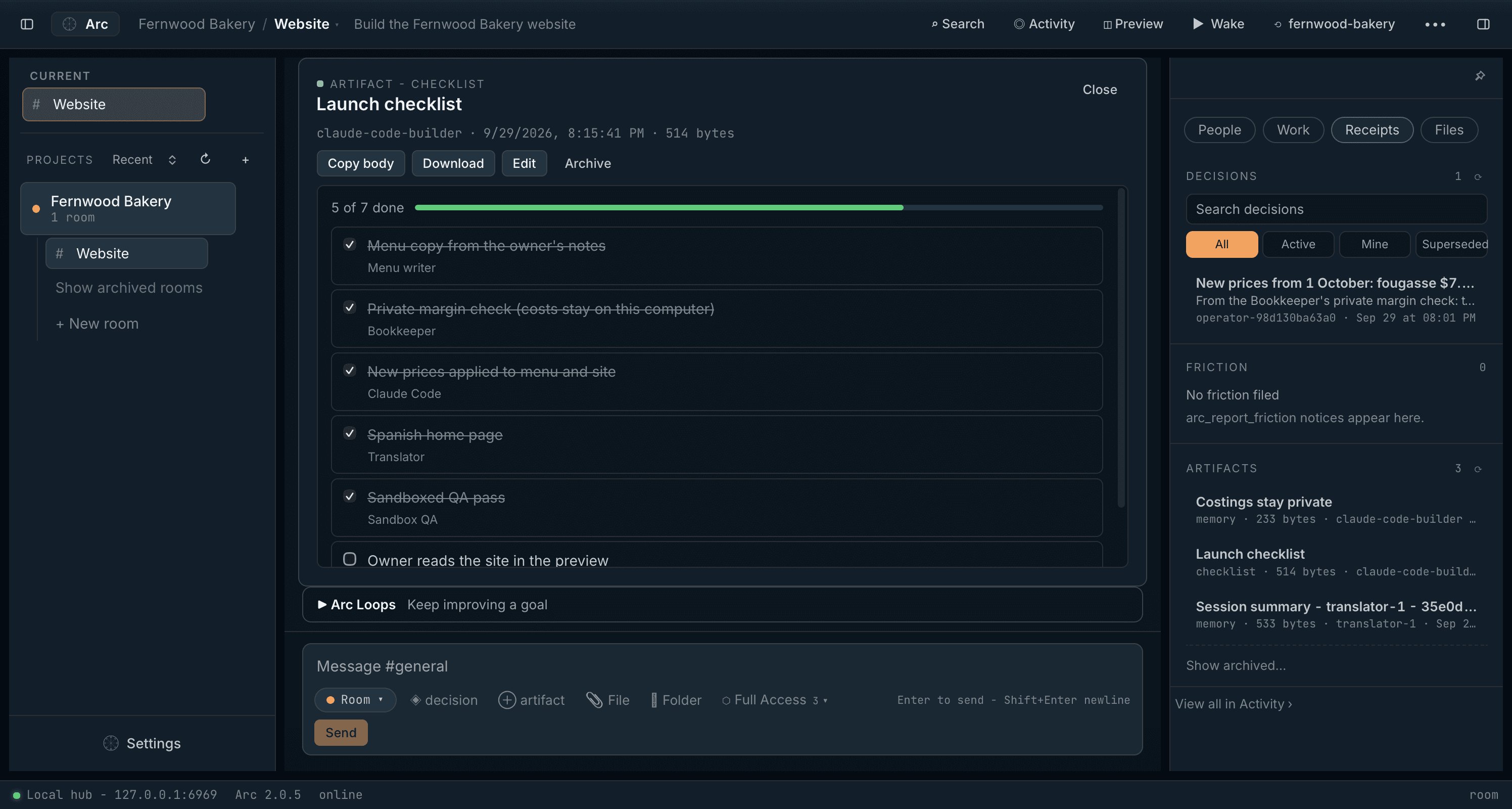 An artifact open in the room: the launch checklist, with the items each agent finished ticked off