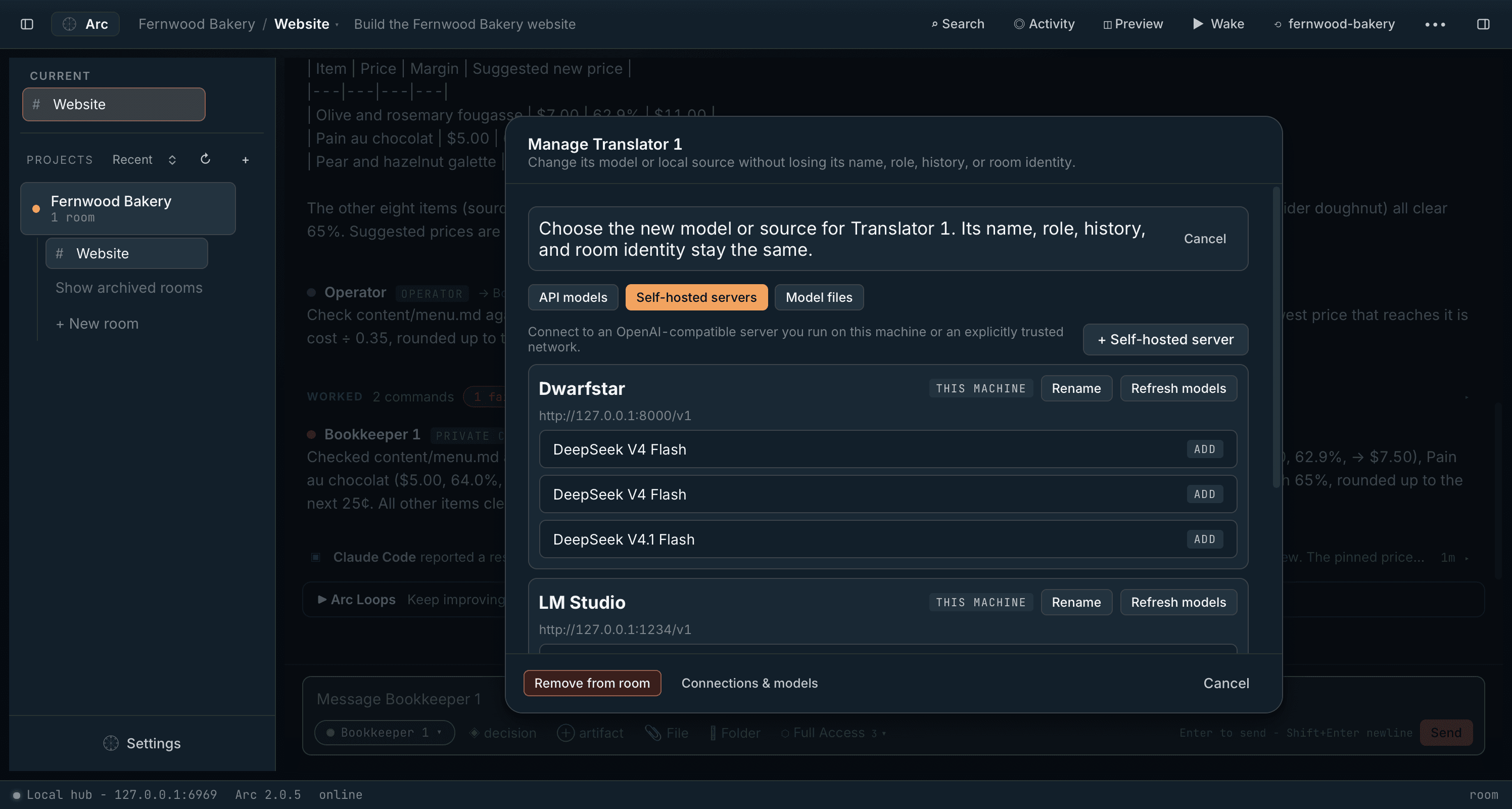 Manage Translator: change an agent's model or source without losing its name, role, history or room identity