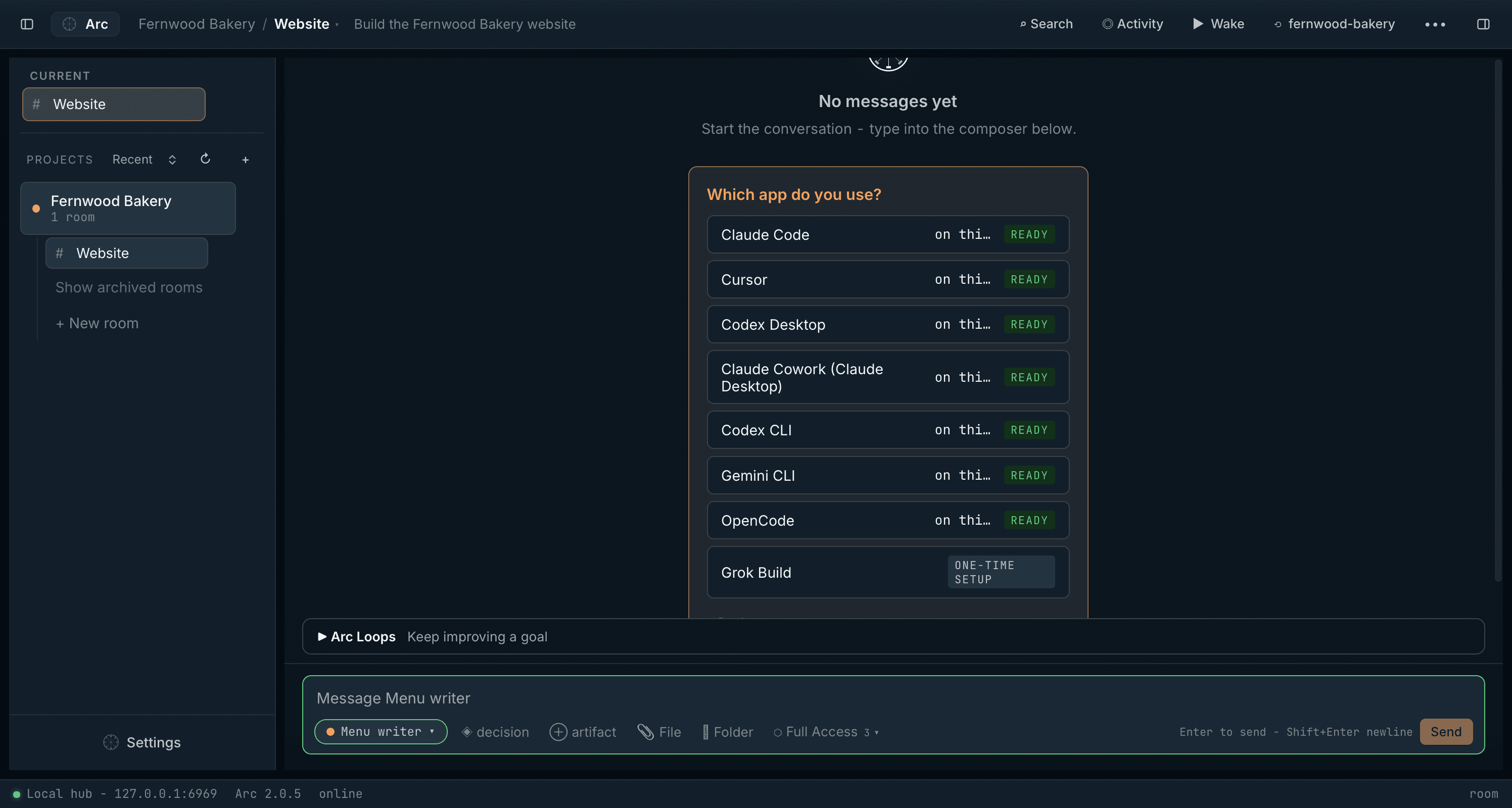 Connect your agent: Arc lists the agent apps it found on this computer and whether each is ready