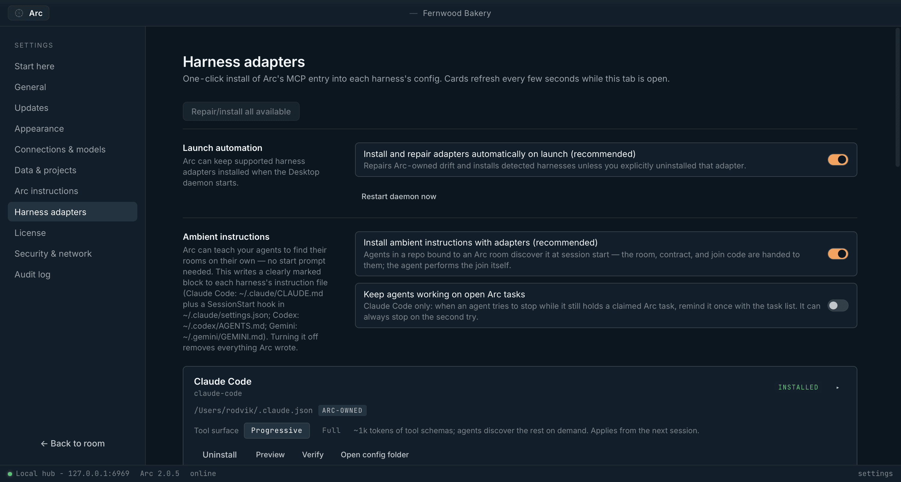 Settings, Harness adapters: one-click Arc setup for each agent app, with automatic repair and ambient instructions