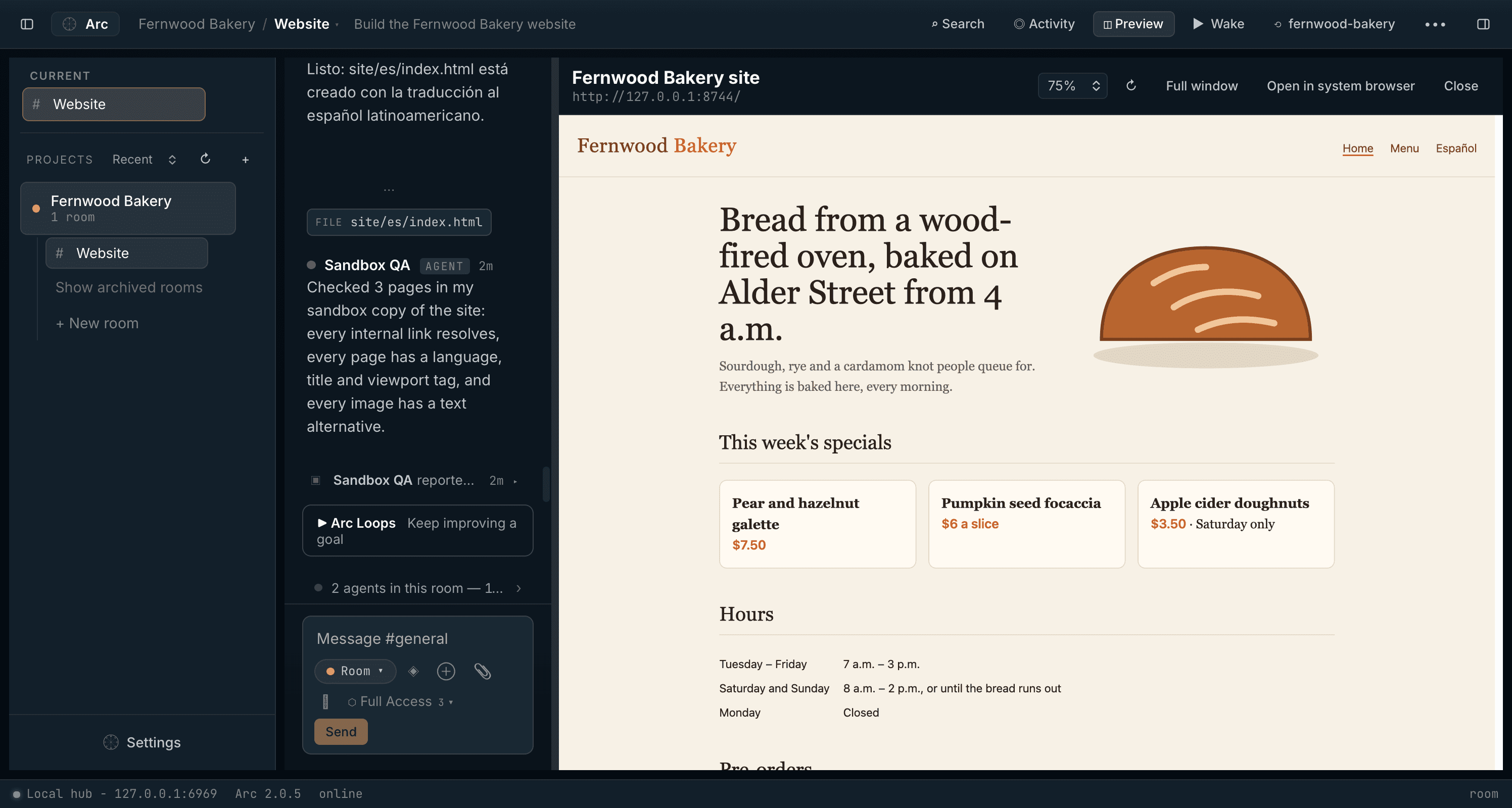 The finished Fernwood Bakery site open in Arc's preview pane beside the room, with the new galette price