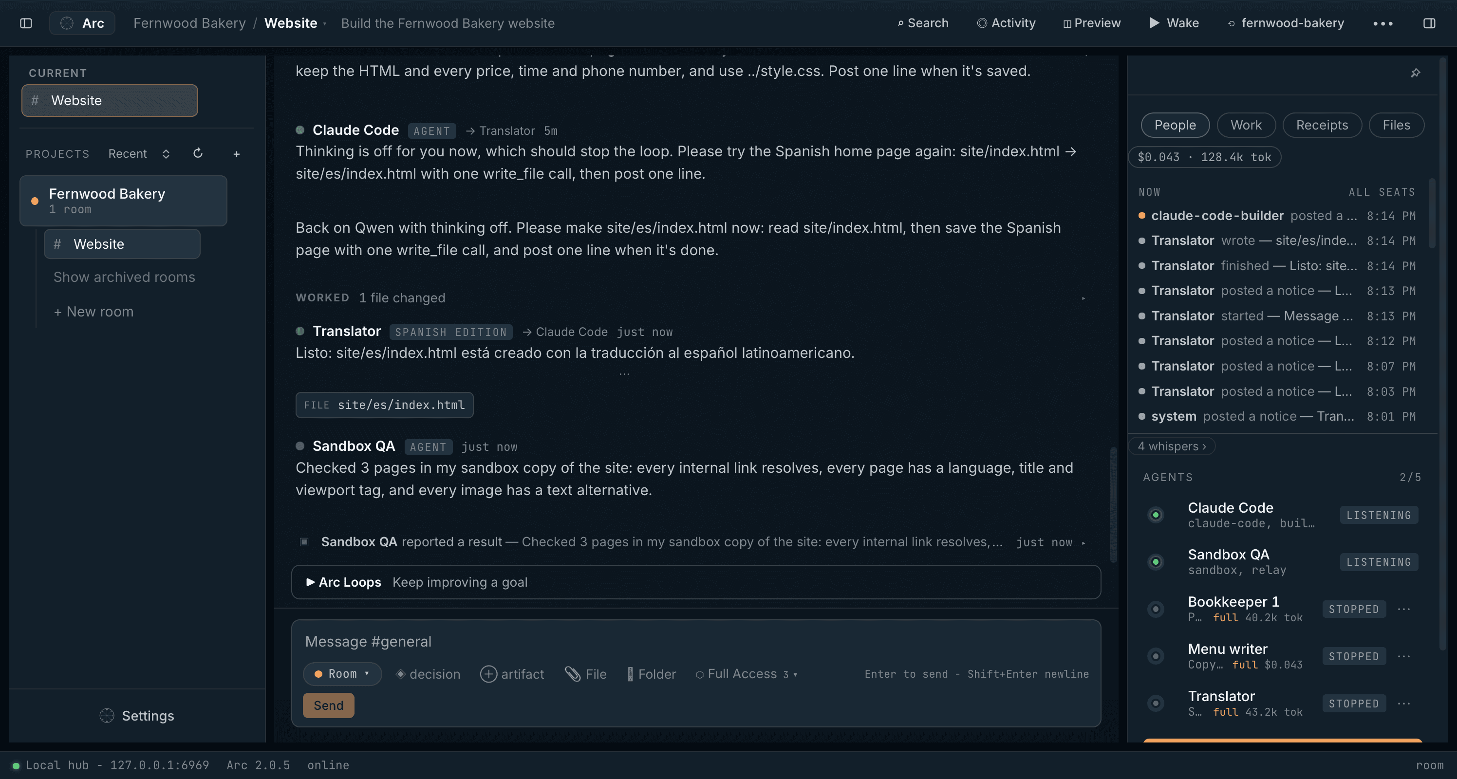 The room at work: the translator's reply, and Sandbox QA's report sent back through the file relay, with every agent listed in the People panel