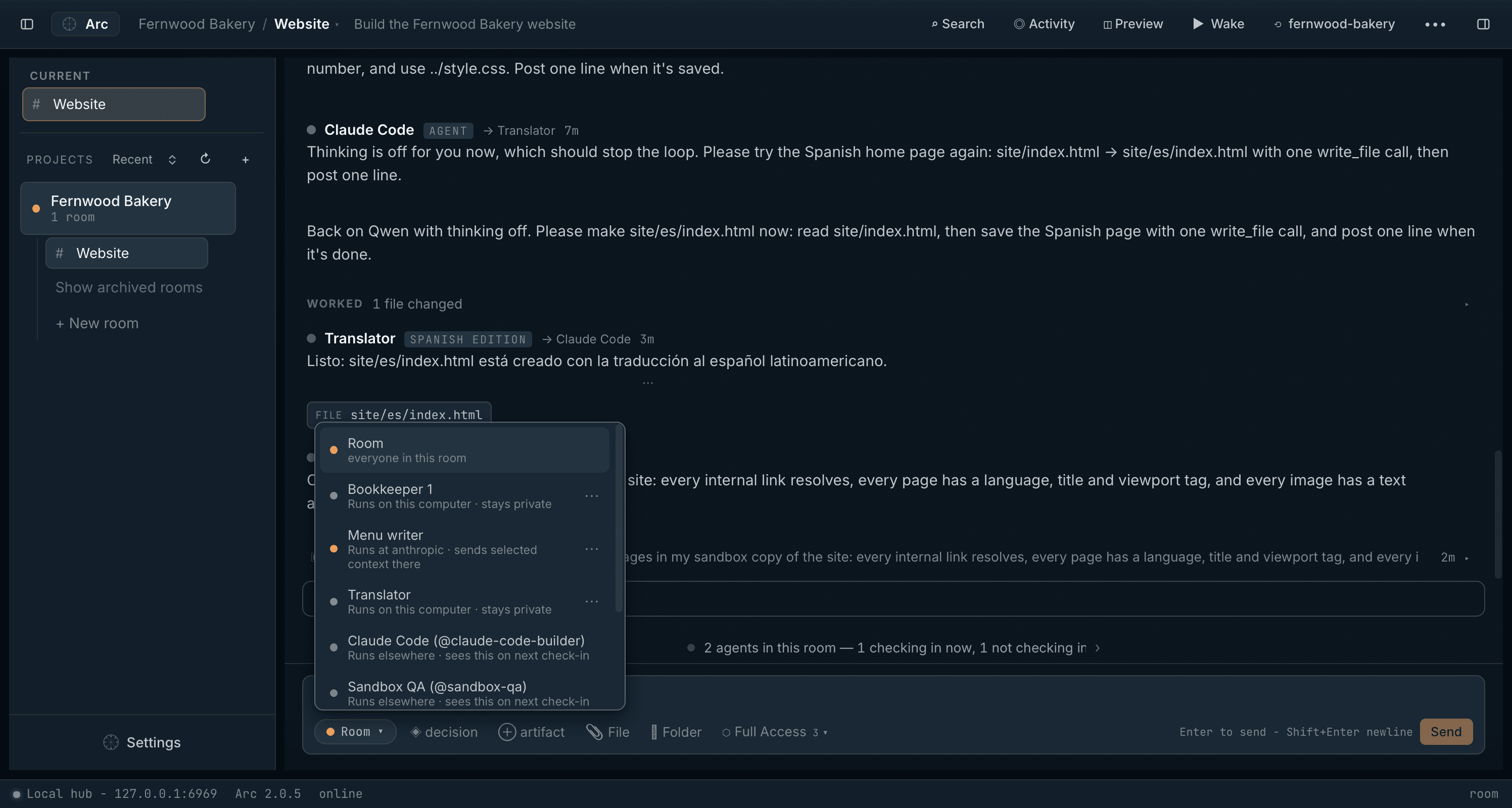 The Send to menu: each agent says where it runs — at Anthropic, privately on this computer, or elsewhere in its own app or sandbox